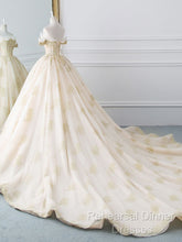 Princesse De Luxe Off The Shoulder Short Sleeve Beaded Sequins Appliques Luxury Princess Ball Gown Wedding Dress Semi Formal Prom Dress Evening Dress